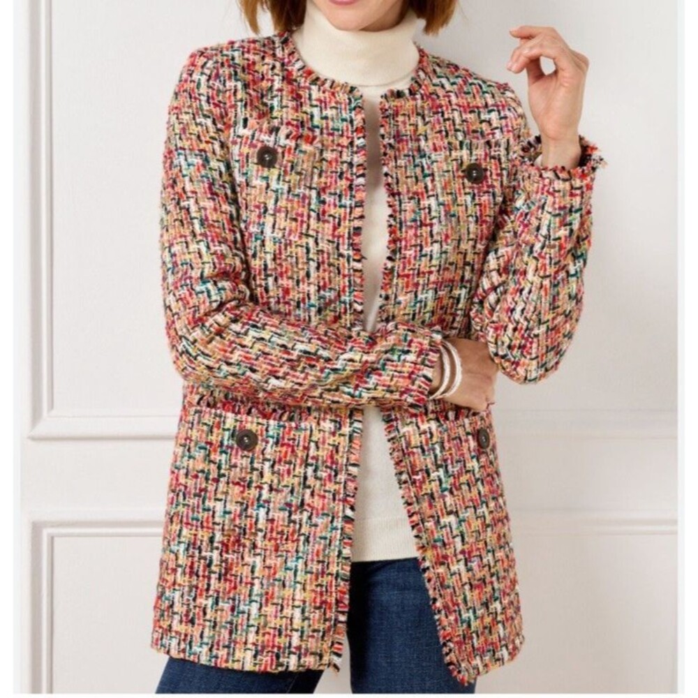 Talbots Candy Tweed Fringe Topper Jacket Women's Size 6 Button Front Pockets